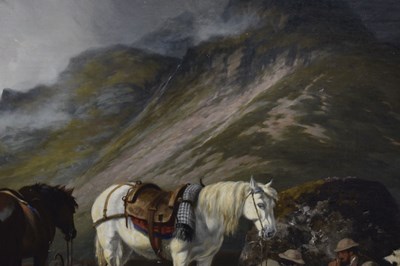 Lot Charles Grey, RHA (Irish, 1798-1892) - Oil on canvas - Ghillies sheltering on a moorland