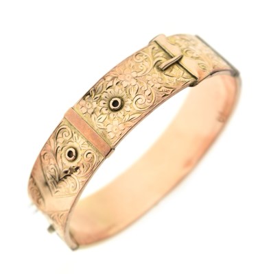Lot 156 - Edwardian 9ct rose gold engraved belt buckle bangle (a/f)