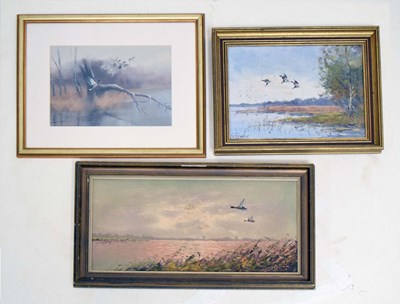 Lot 627 - Dennis Oakes (British, Contemporary) - Acrylic on paper - Study of ducks alighting, plus two oils