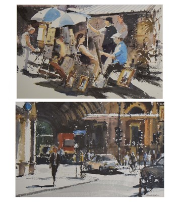 Lot 635 - Gerald Green (b.1947) - Two watercolours - 'Smithfield' and 'Artists in Montmartre'