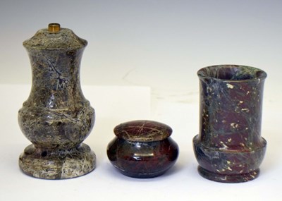 Lot 356 - Polished serpentine vase, lidded box, etc