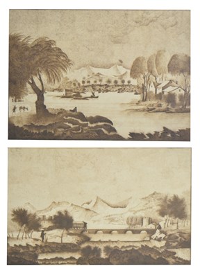 Lot Italian School, circa 1800 - Pair of sepia ink landscapes