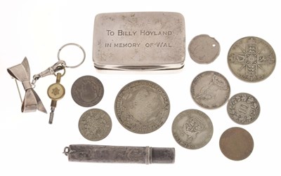 Lot 263 - A collection of silver coins, snuff box, pencil sleeve etc