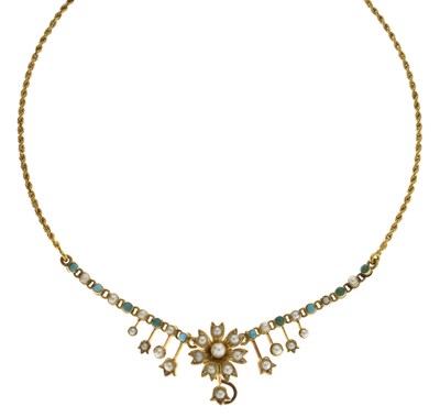 Lot 140 - Edwardian turquoise and split pearl floral necklace