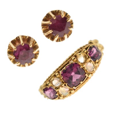 Lot 29 - Opal and purple-pink tourmaline set ring with a pair of Ruby set earrings (2)