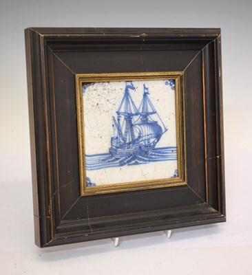 Lot 563 - 18th century Dutch delft tile depicting a two-masted ship