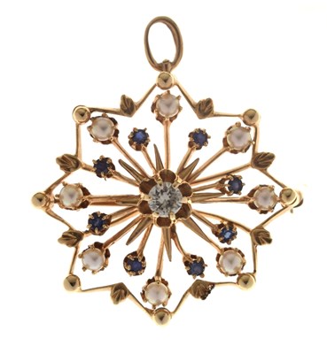 Lot 59 - Diamond, sapphire and pearl starburst yellow metal pendant brooch