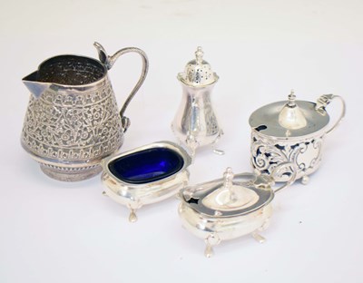 Lot 264 - George V silver three-piece condiment set, an Indian white metal cream jug, etc