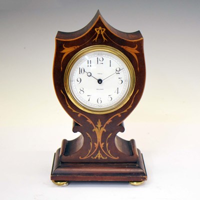 Lot 695 - Edwardian inlaid mahogany tulip-shaped mantel clock, retailed by Neill, Belfast