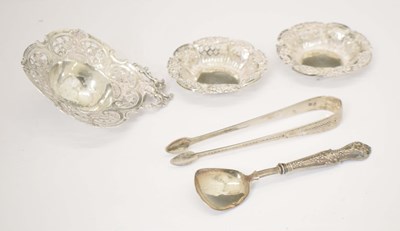 Lot 268 - Dutch late 19th century white metal tea-strainer, a pair of silver bonbon dishes, etc