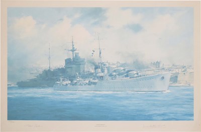 Lot 654 - After Robert Taylor (1945-1997) - Limited edition print - 'H.M.S. Kelly, Grand Harbour, Malta 1941'