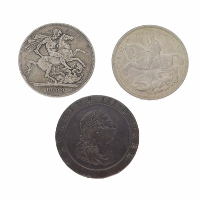 Lot 315 - Victorian silver crown, a George V silver crown, and a George III cartwheel penny