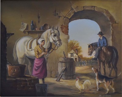 Lot 632 - David Beatty (Modern) - Oil on board - Stable scene