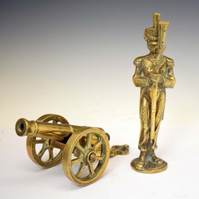 Lot 376 - Vintage brass Napoleonic-style model table cannon and brass soldier