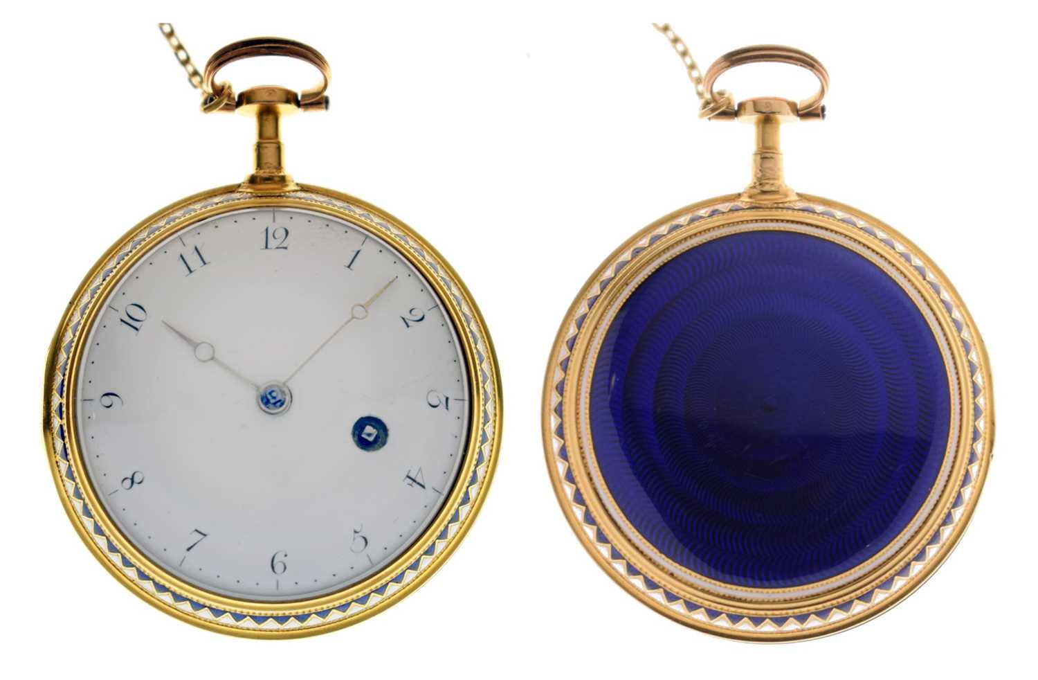 Lot Early 19th century yellow metal and enamel open face pocket watch, James Upjohn