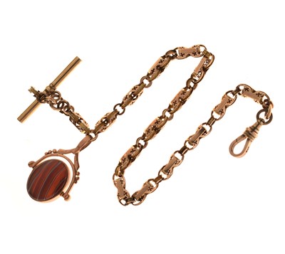 Lot 108 - Antique yellow metal fancy belcher ink watch Albert with rose gold swivel fob