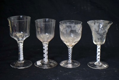 Lot 284 - Two mid 18th century opaque twist stem wine glasses, etc