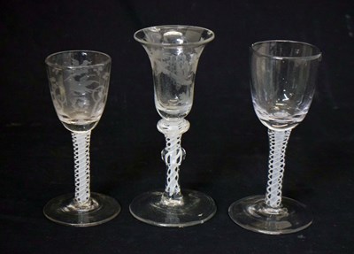 Lot 282 - Two 18th century opaque twist wine glasses, etc