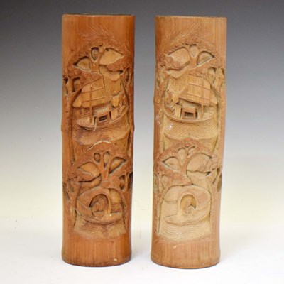 Lot 583 - Pair of Chinese carved bamboo vases