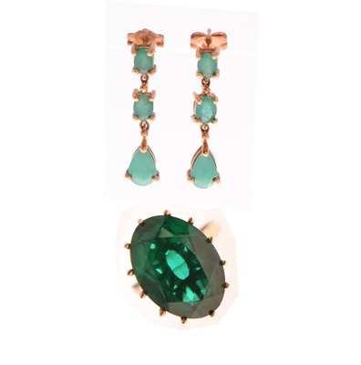 Lot 198 - Pair of emerald drop earrings, stamped '10K', and a green stone 9ct gold dress ring