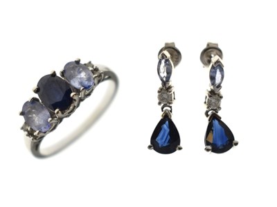 Lot 199 - Sapphire and diamond dress ring and pair of earrings, each stamped '14K'