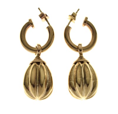 Lot 159 - Pair of 9ct gold pendant drop hoop earrings