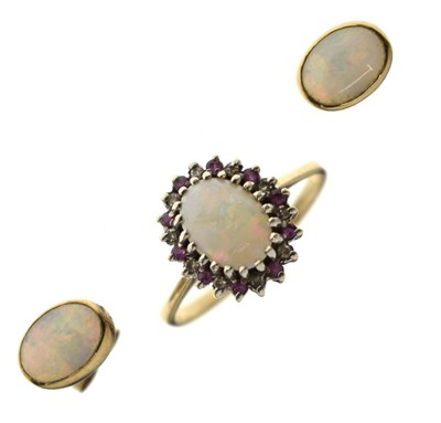 Lot 32 - Pair of opal 9ct gold earrings and an opal cluster ring (2)