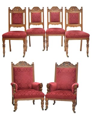Lot 739 - Edwardian carved oak six piece drawing room suite, stamped 'White, Urmston'