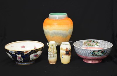 Lot 530 - Booths scale blue bowl, Maling bowl, Shelley dripware vase, two Doulton series ware vases