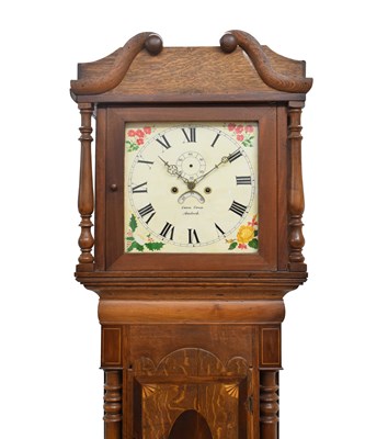 Lot 683 - Welsh Interest - Mid 19th century inlaid oak and mahogany cased 8-day painted dial longcase clock