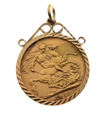 Lot 200 - George V gold sovereign, 1912, in a 9ct gold pendant mount