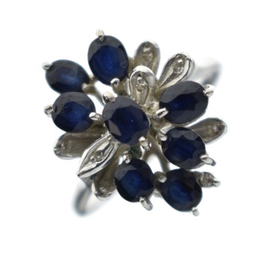 Lot 21 - Sapphire and diamond white metal cluster ring