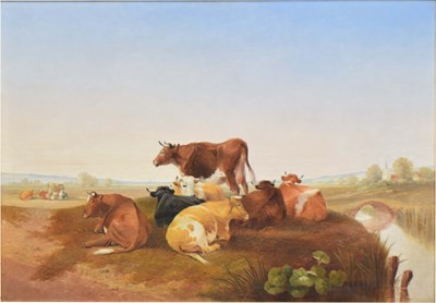 Lot 398 - Attributed to Thomas Sidney Cooper (1803-1902) - Oil on board - Cattle beside a stream