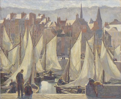 Lot 409 - Charles Ernest Cundall, RA (1890-1971) - Oil on board, 'Fishing Boats, Honfleur'