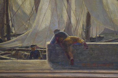 Lot 409 - Charles Ernest Cundall, RA (1890-1971) - Oil on board, 'Fishing Boats, Honfleur'