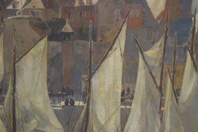 Lot 409 - Charles Ernest Cundall, RA (1890-1971) - Oil on board, 'Fishing Boats, Honfleur'