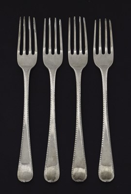 Lot 175 - Set of four York provincial silver Feather Edge pattern table forks