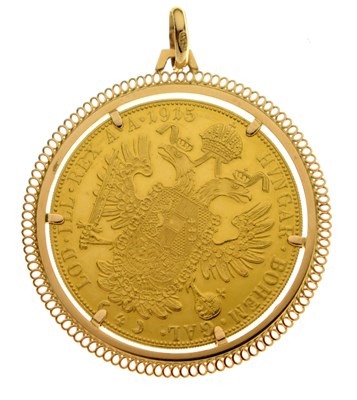 Lot 211 - Austrian - Franz Joseph I gold 4 ducat coin, 1915, in a yellow metal pendant mount