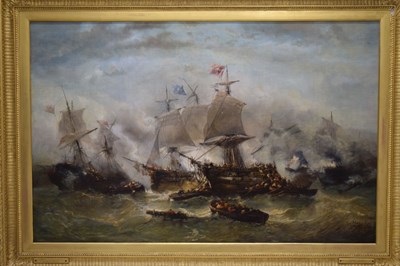 Lot 395 - Francois Etienne Musin (Belgian, 1820-1888) - Oil on canvas - A Naval Engagement