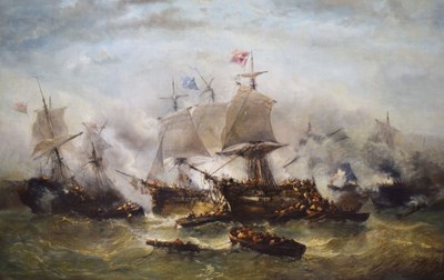 Lot 395 - Francois Etienne Musin (Belgian, 1820-1888) - Oil on canvas - A Naval Engagement