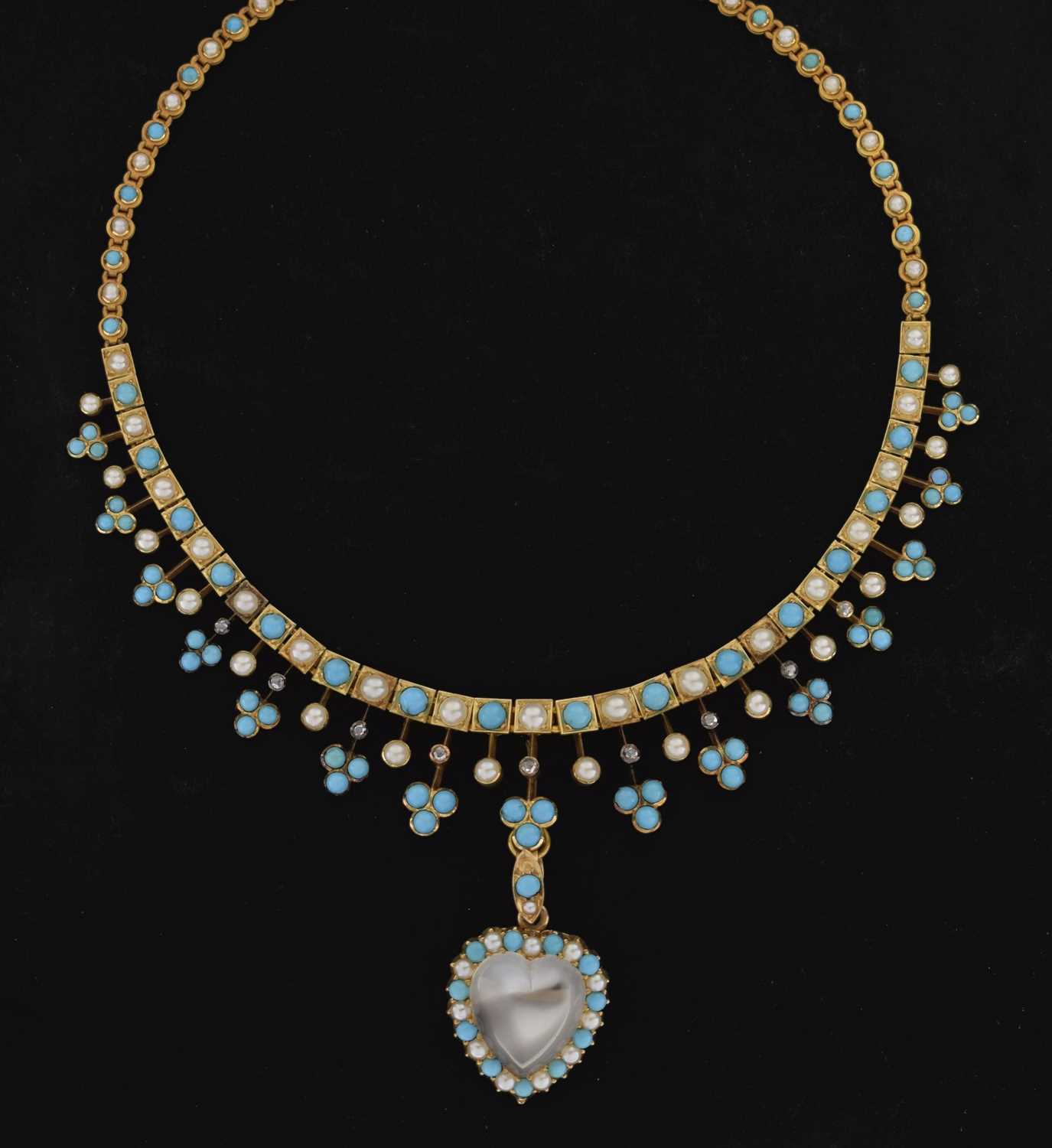 Lot 63 - Late Victorian / Edwardian turquoise, pearl, diamond and moonstone pendant necklace