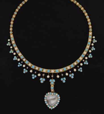 Lot 63 - Late Victorian / Edwardian turquoise, pearl, diamond and moonstone pendant necklace