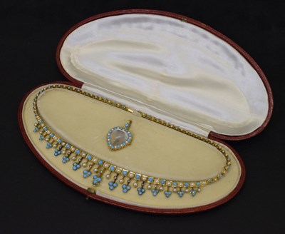 Lot 63 - Late Victorian / Edwardian turquoise, pearl, diamond and moonstone pendant necklace