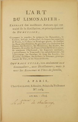 Lot 'L'Art du Limonadier', first edition 1804, and 'Mémoires D'Audiger', first edition 1869